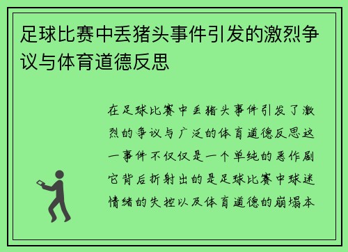 足球比赛中丢猪头事件引发的激烈争议与体育道德反思