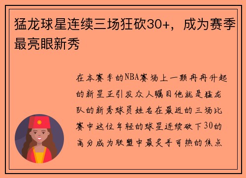猛龙球星连续三场狂砍30+，成为赛季最亮眼新秀