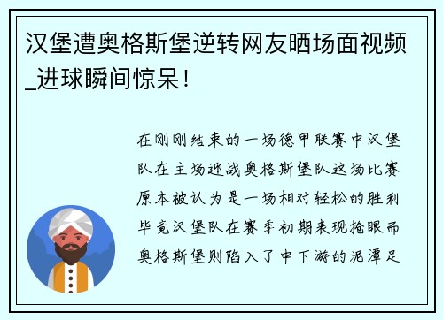 汉堡遭奥格斯堡逆转网友晒场面视频_进球瞬间惊呆！