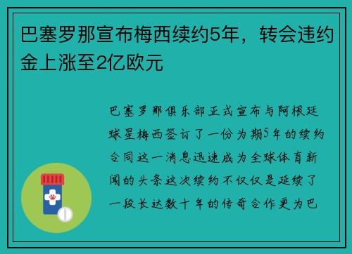 巴塞罗那宣布梅西续约5年，转会违约金上涨至2亿欧元