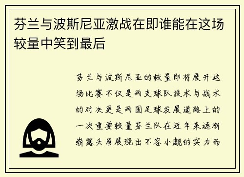 芬兰与波斯尼亚激战在即谁能在这场较量中笑到最后
