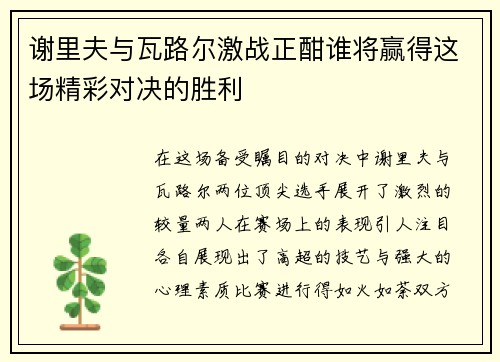 谢里夫与瓦路尔激战正酣谁将赢得这场精彩对决的胜利