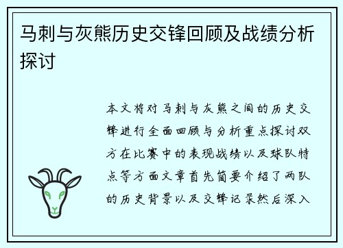 马刺与灰熊历史交锋回顾及战绩分析探讨