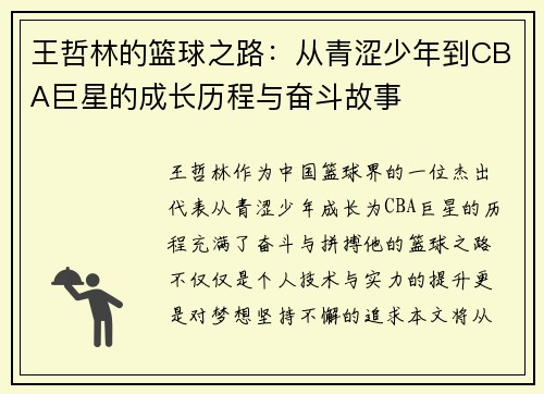 王哲林的篮球之路：从青涩少年到CBA巨星的成长历程与奋斗故事