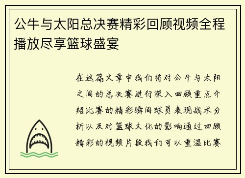 公牛与太阳总决赛精彩回顾视频全程播放尽享篮球盛宴